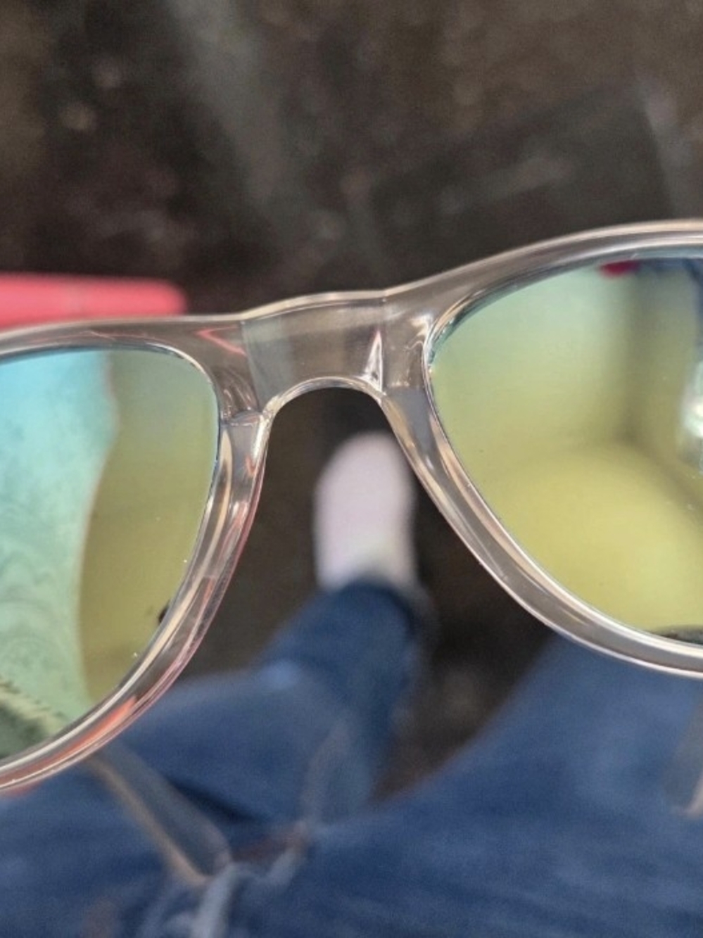 Clear Frame Sunglasses with Yellow-Green Mirrored Lenses